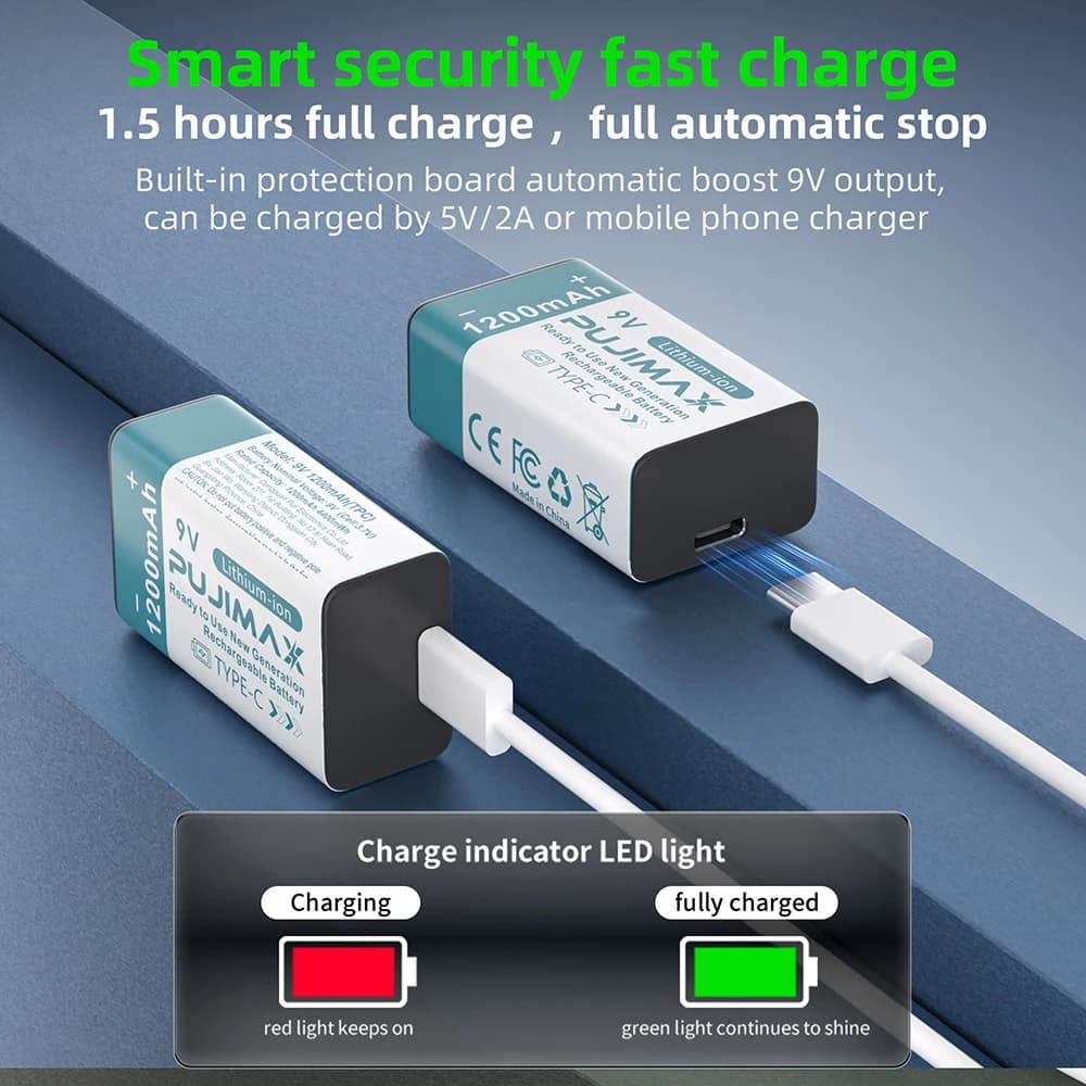 9V 1200mAh Type-C USB Fast Rechargeable Lithium Battery Long Life Multimeter Smoke Alarm Toy Helicopter Model Electronic Device