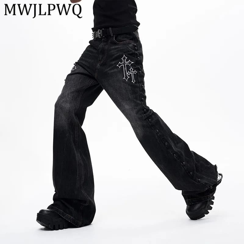 MWJLPWQ Cross Patchwork Flared Jeans For Men Summer American Street Style Embroidery Straight-Leg Trousers Trendy Autumn 15709