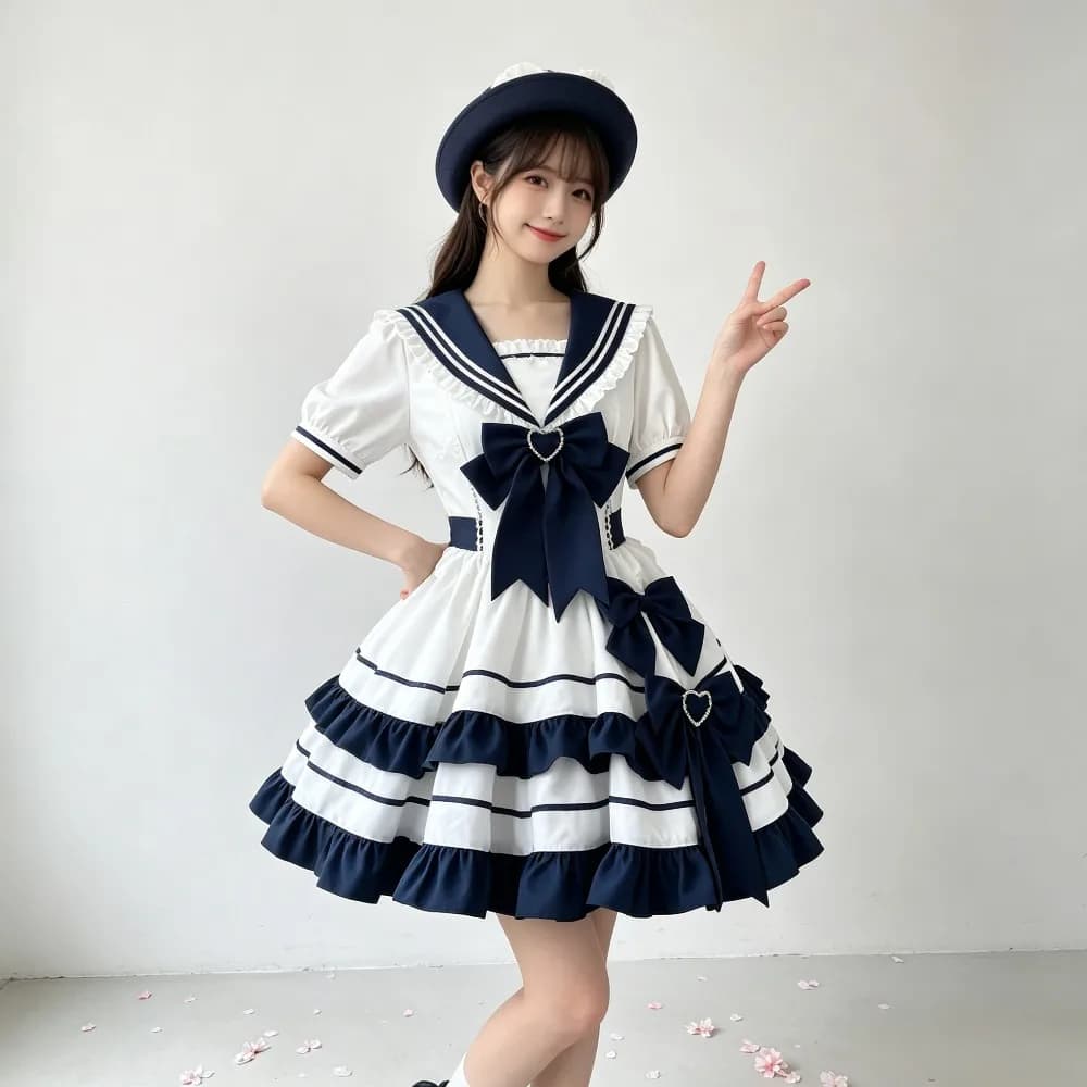 Sailor Suit Navy Cyan Tiered Cake JK Lolita Dress, Cute Summer youth Outfit For Daily School Uniform Matching & Anime Cosplay