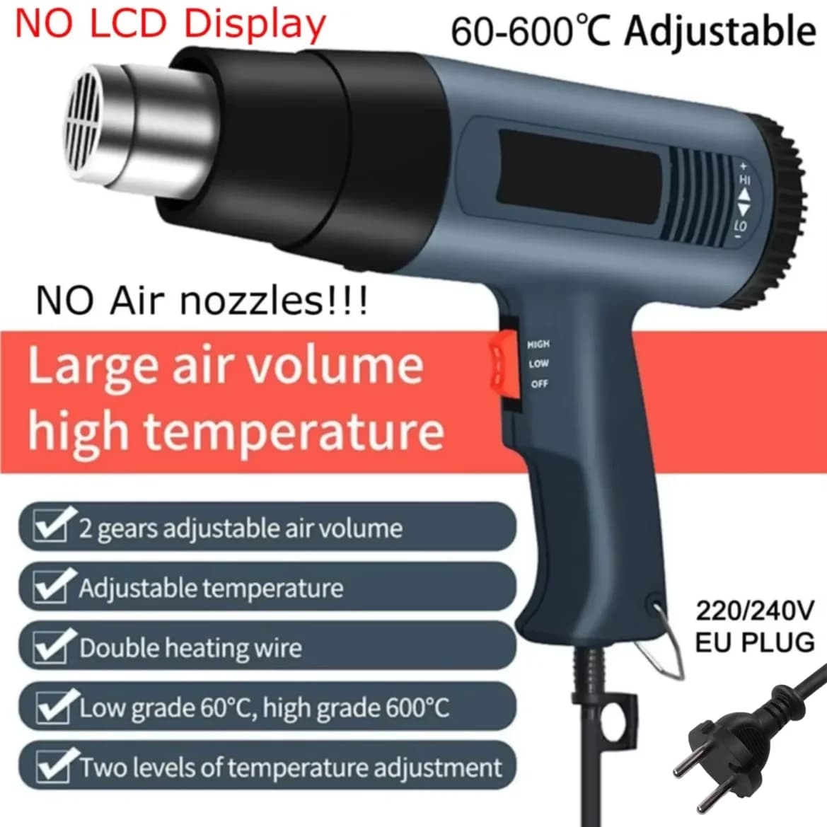 Pistola termica industriale Asciugacapelli Costruzione Pistola ad aria calda Asciugacapelli per saldatura Strumenti di avvolgimento termoretraibile con ventilatore termico