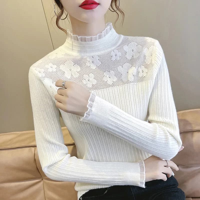 Elegante Maglia a Collo Alto con Maniche Lunghe e Bordo in Pizzo Floreale, T-Shirt Versatile alla Moda per Donna, Stile Chic Autunnale