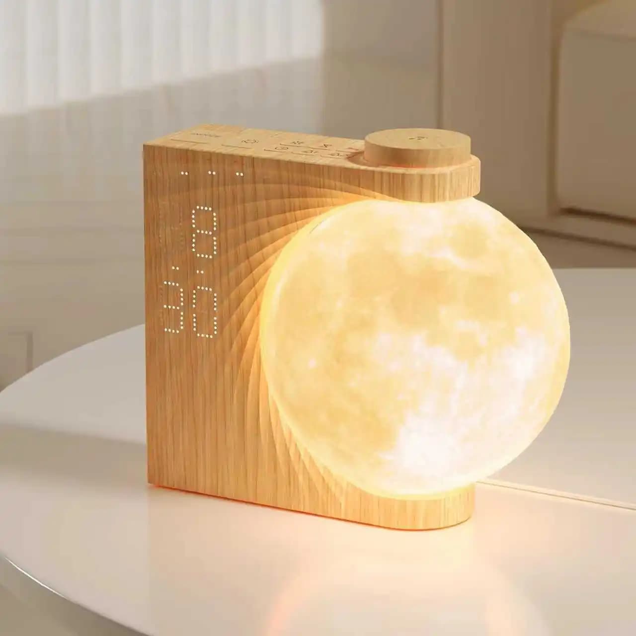 Moon Lamp Night Light Sunrise Alarm Clock Wake Up Light with White Noise Sound Machine, Dual Alarms for Heavy Sleepers, 10 RGB Night Light & Sleep Timer, Wood Grain Desk Clock for Bedroom