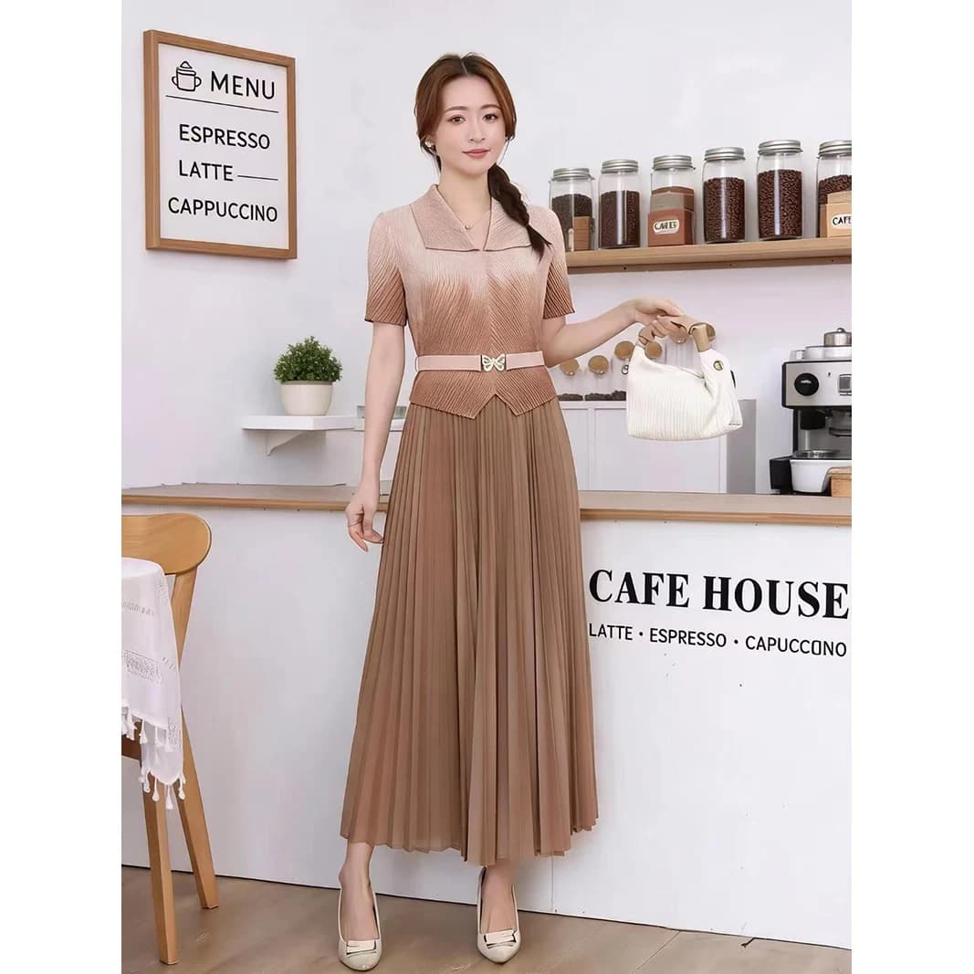 Miyake Pleated Dress Gradient Brown Short Sleeve Collar Belted Waist Midi Skirt Women Elegant Summer Fashion Gown