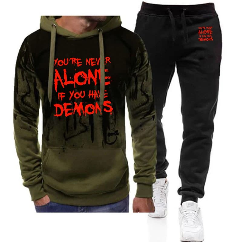 You're Never Alone If You Have Demons Logo Print Men's High Street Trendy Suits 2026 Spring And Autumn Style Hoodies Pants Sets