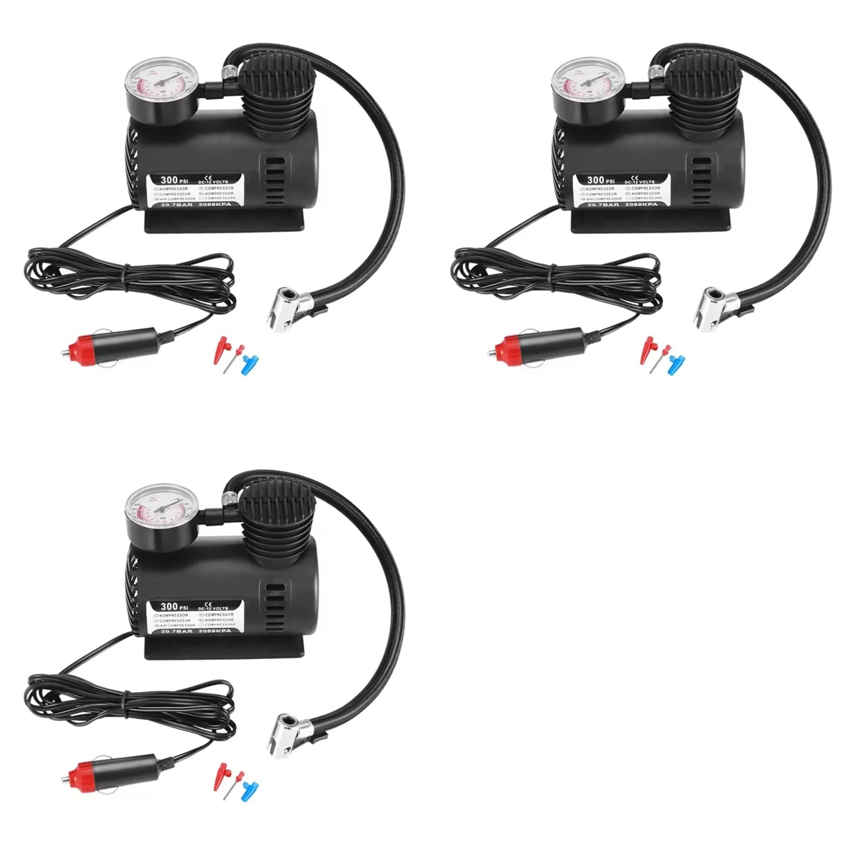 Compressore d'aria elettrico cablato Classic-3X 12V per pneumatici di auto, biciclette e motociclette, con 9 ugelli.