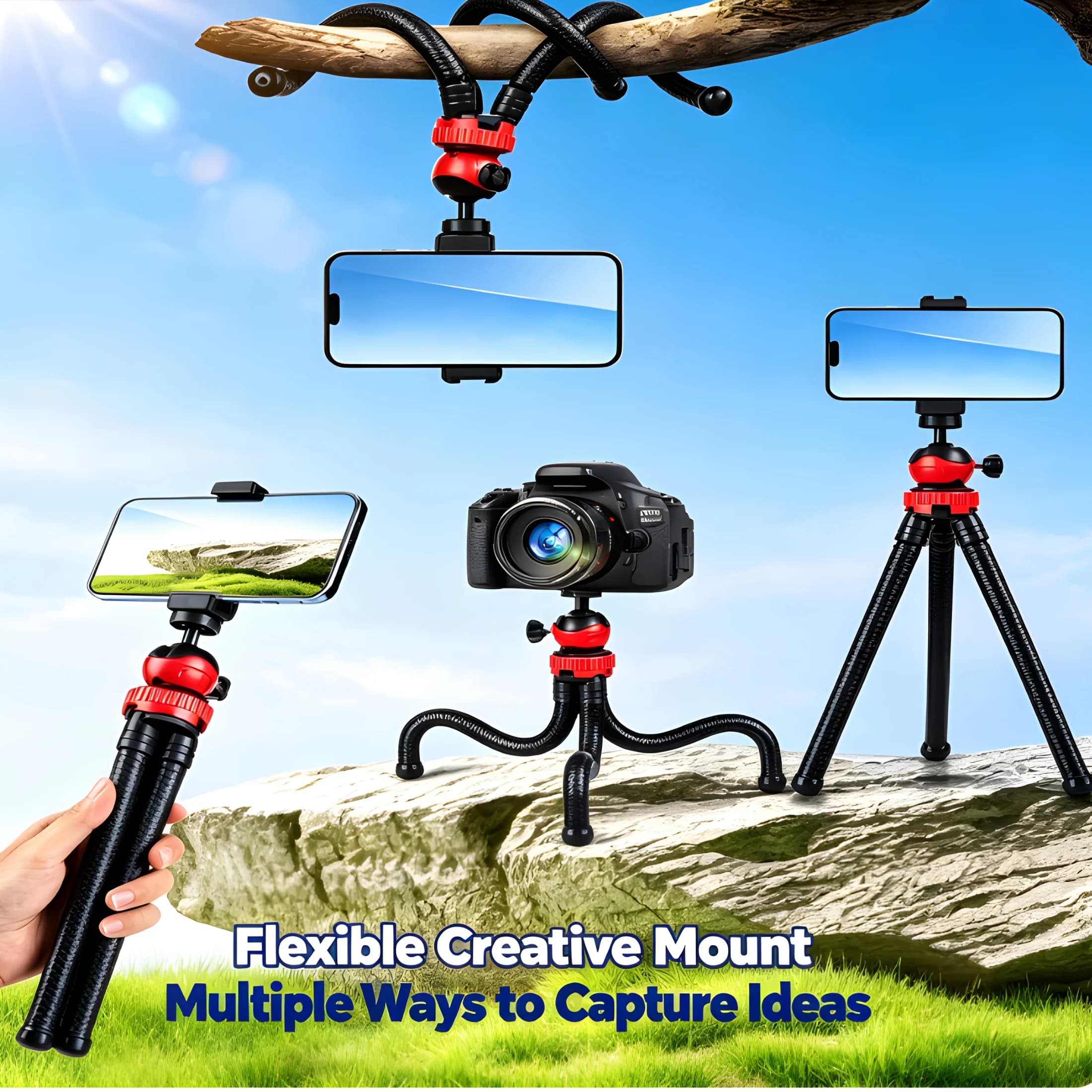 Flexible Octopus Tripod Stand with Remote 1/4" Screw Rotating Ball Head for Vlogging Live Streaming Photography Phone Holder