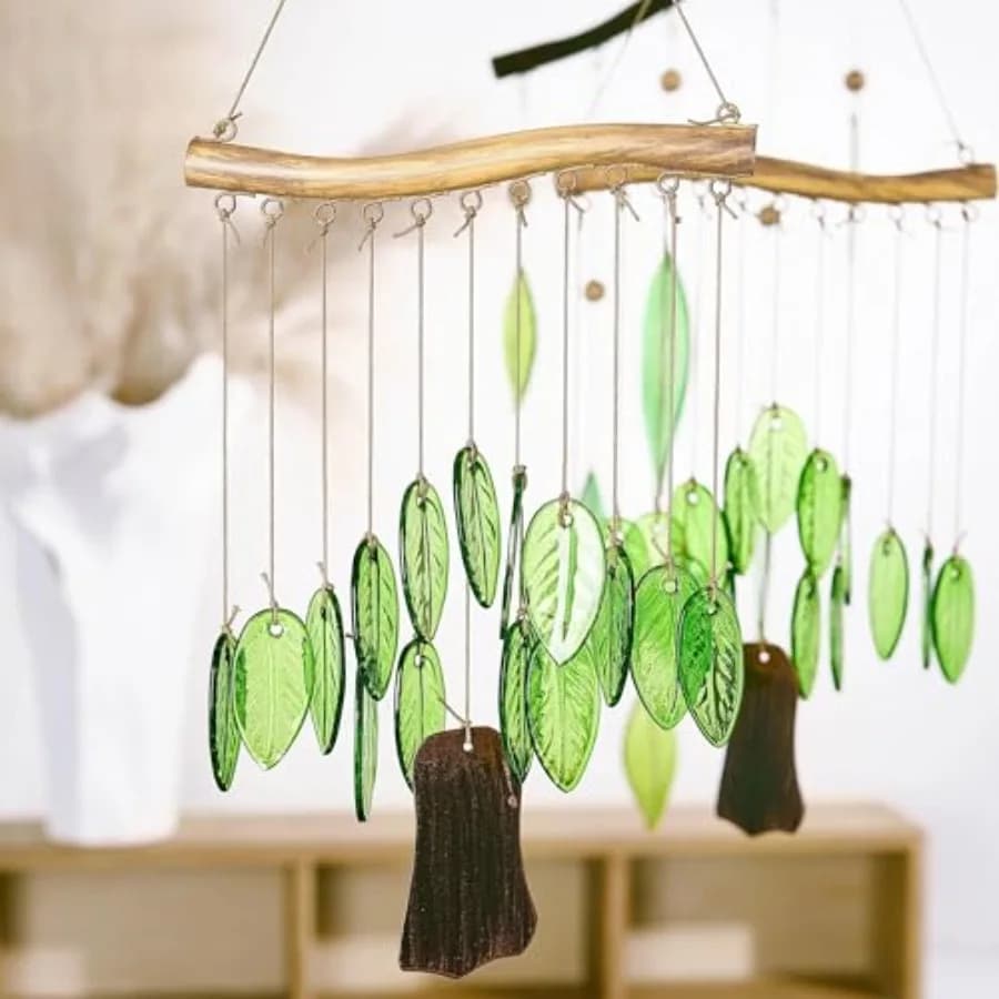 Natural Green Leaf Glass Wind Chime, Handcrafted with Iron Wood-Look Hanging Bar, Metal Chime, Hanging Decor for Patio, Window
