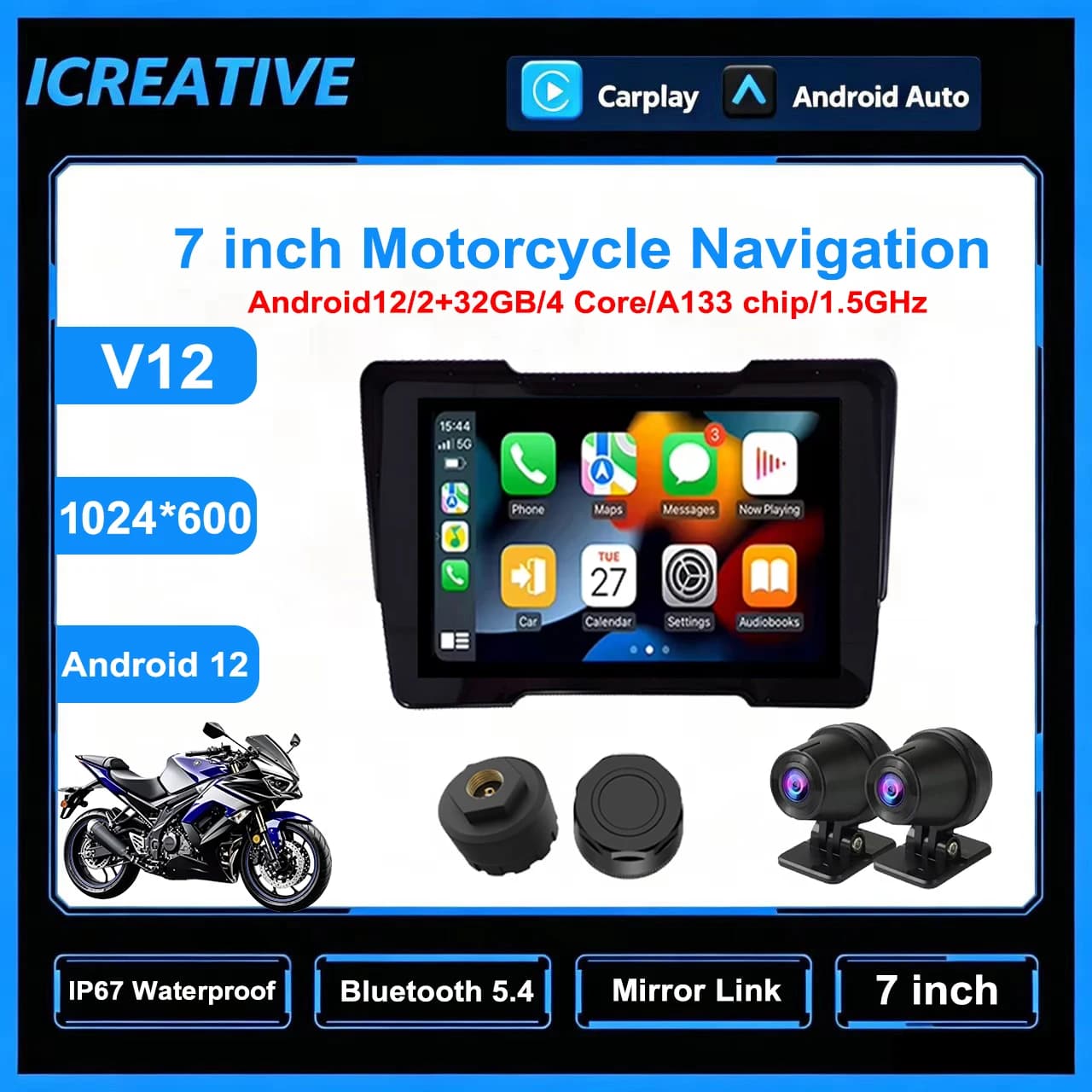 Android 12 Motorcycle CarPlay Android Auto IP67 Waterproof Display Screen Navigation GPS TPMS DVR A133 Chip Portable Monitor