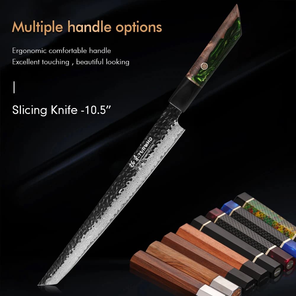 TURWHO 10.5 "Fettare di Pesce Coltello per Sushi 67 Strati di Acciaio di Damasco Giapponese Sashimi Coltelli da Chef Affilato Coltello per Salmone Manico FAI DA TE