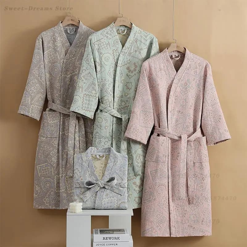 Women's Retro Printed Robe Japanese Kimono Bathrobe with Belt Spring Autumn Long Sleeved Nightgown Casual Cotton Sleepwear