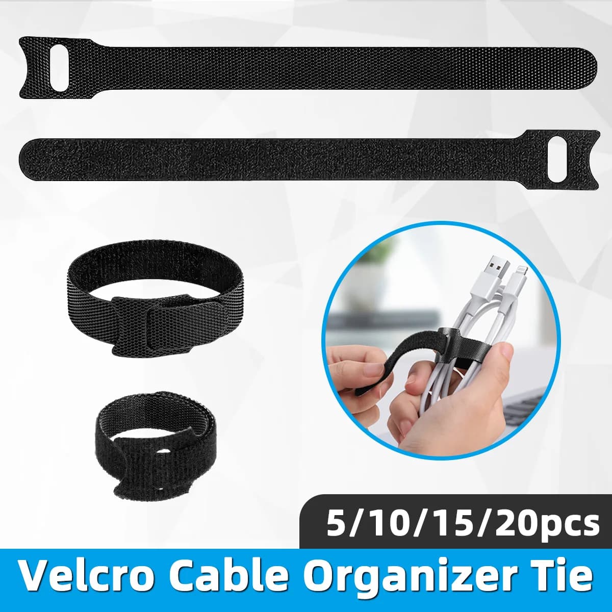 Reusable Velcro Cable Ties Adjustable Hook and Loop Cord Organizer Straps for Electronics Home Office Wire Management Set 10PCS