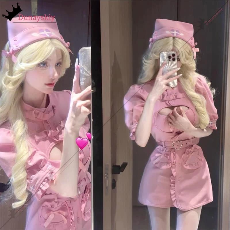Rosa Dolce Infermiera Halloween Cospaly Costume Infermiera Manica Corta Sottile Amore Hollow Camicia Abito Reggiseno Guanti Abiti Travestimento per Le Donne