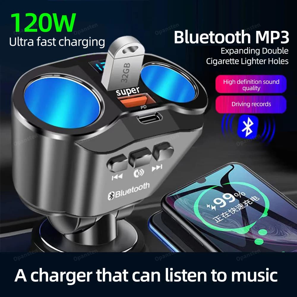 Caricatore splitter per accendisigari per auto Doppio USB QC 3.0 Carica rapida 12V Trasmettitori FM automatici Prese per chiamate in vivavoce Bluetooth