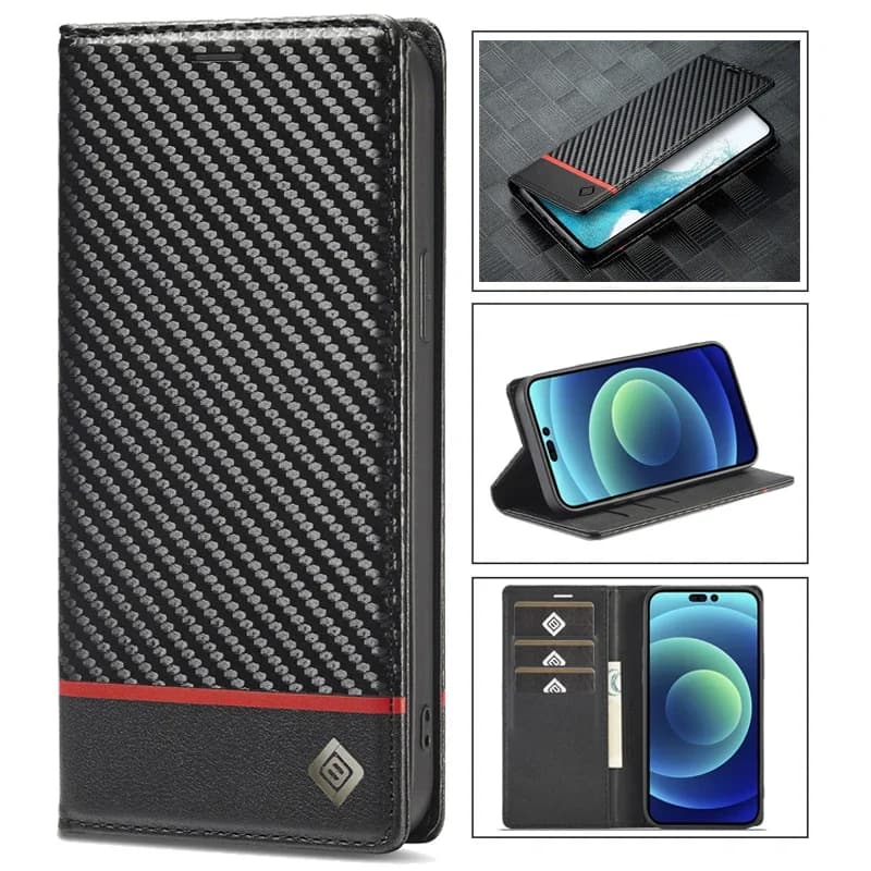 Custodia a portafoglio in fibra di carbonio Flip Phone per Xiaomi Poco M6 Pro 4G C65 X6 X3 NFC X5 PocoX6 Pro 5G Cover custodia protettiva in pelle per carte