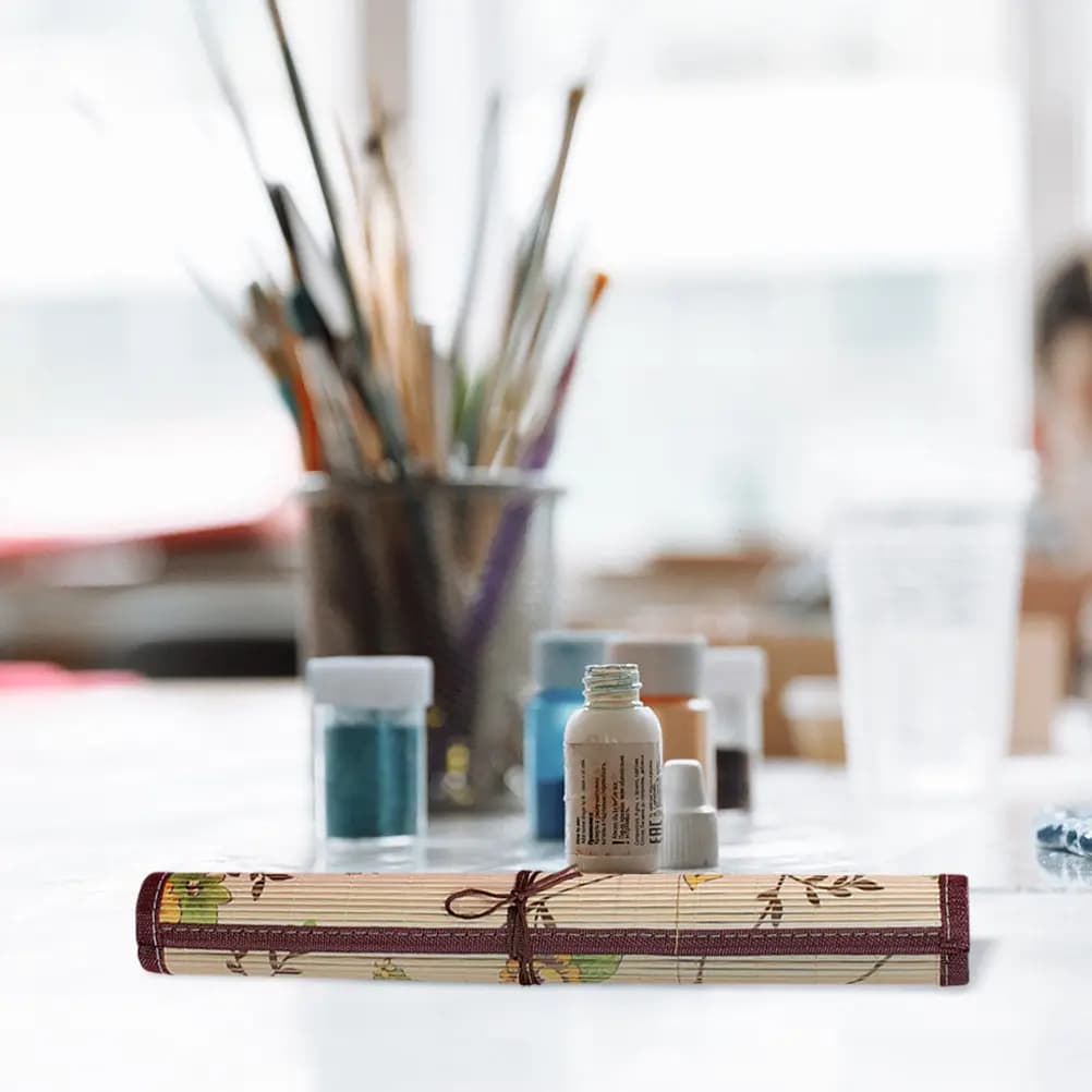 Eco Friendly Bamboo Brush Pen Roll Bag Multi Compartment Pen Organizer for Color Pens Watercolor Brushes Art Painting Supplies