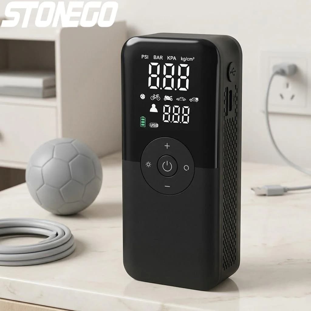 Compressore d'Aria Elettrico Portatile, Pompa Digitale per Auto, Moto, Biciclette e Palloni Sportivi, Ricaricabile e Senza Fili