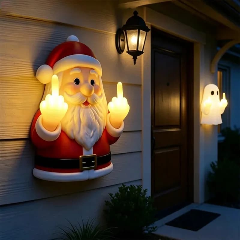 Christmas Santa Claus Glowing Wall Lamp Resin Middle Finger Design LED Night Light Porch Bedroom Decor Spooky Holiday Ornament