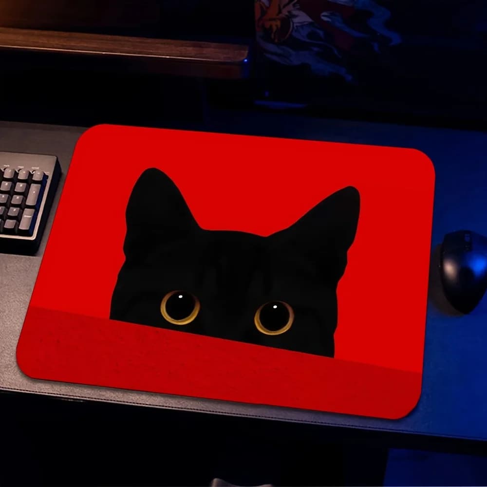 Tappetino per mouse con gatto nero che fa la spia, tappetino da scrivania con gatto carino su sfondo rosso, tappetino per mouse da gioco antiscivolo per l'arredamento di casa e ufficio