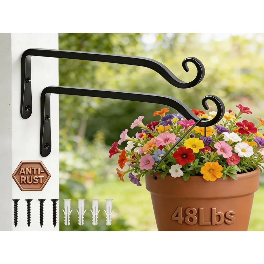 Set of 2 10 Outdoor Metal Plant Hangers, Indoor/Outdoor Use, Holds Up to 48lbs, Suitable for Birdseed, Lanterns, Wind Chimes, Bl