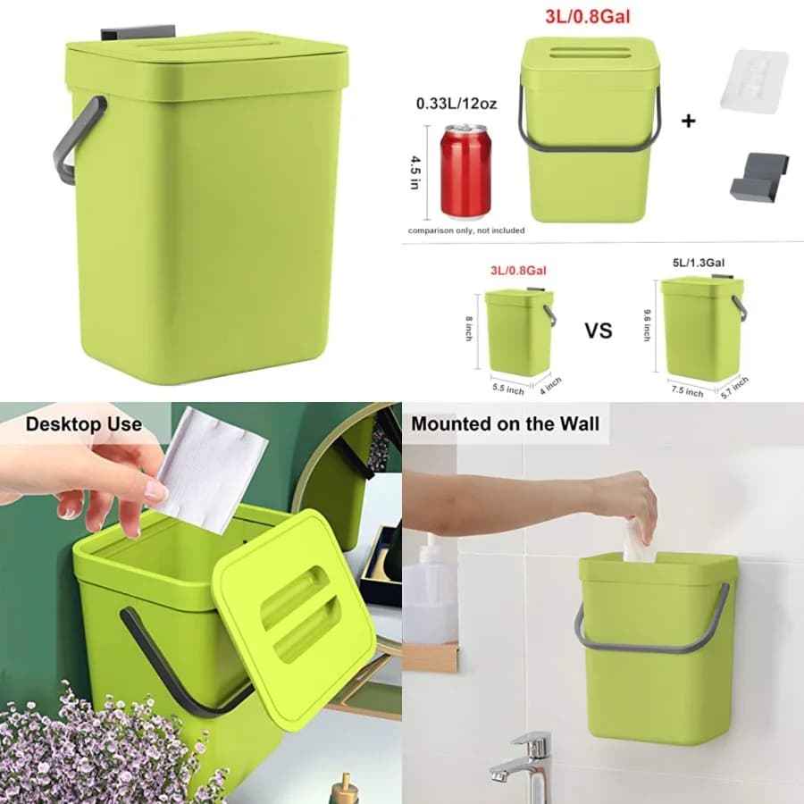 Cestino per Rifiuti Alimentari da Cucina, Contenitore per Compost da Bancone con Coperchio, Bidone Anti-Odore per Scarti di Cibo, Cestino da Parete, 3L/0,8 Galloni, Verde