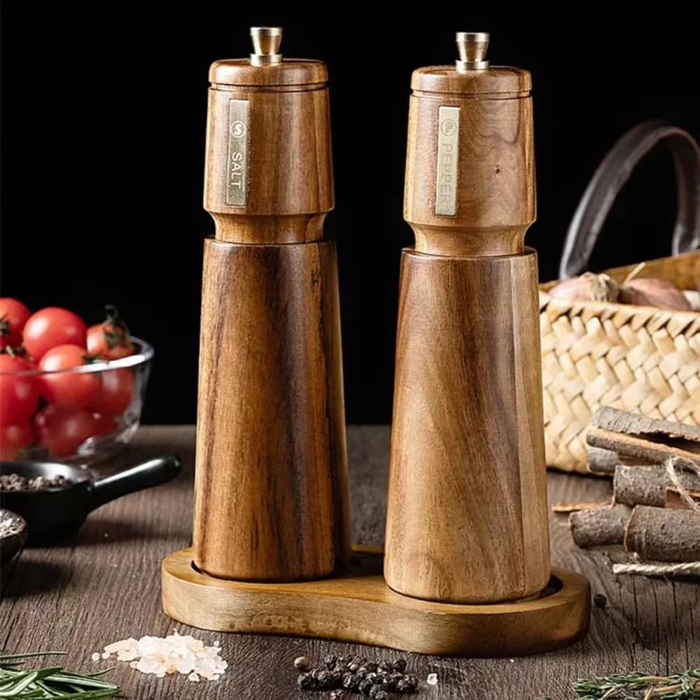 Set Macina Pepe Manuale in Legno di Acacia con Nucleo in Ceramica e Base, Macina Spezie con Regolazione della Granulometria, Bottiglia per Cucina