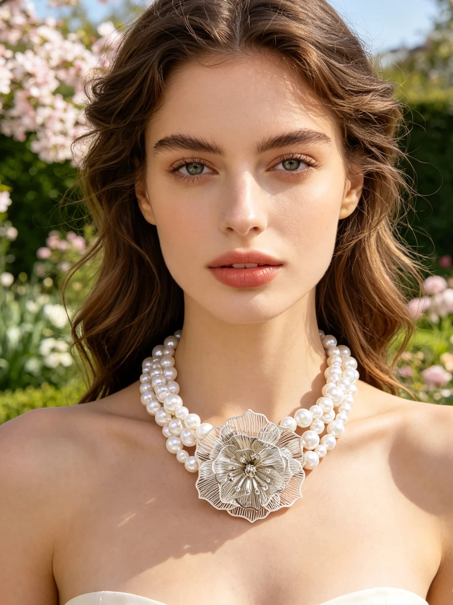 2 pezzi moda multistrato imitazione perla fiore di camelia pendente collana orecchini set di gioielli per le donne