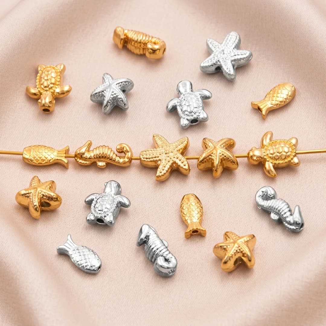 5 pz. Perline distanziatrici in acciaio inossidabile a forma di animali marini (guscio di tartaruga, pesce) per creazione gioielli fai da te, bracciali e collane estive