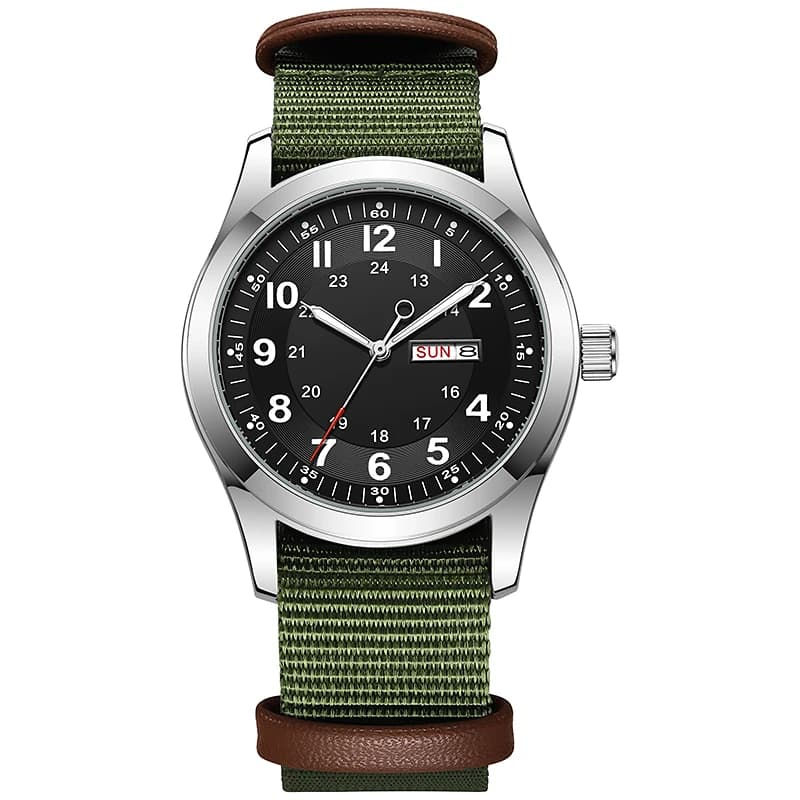 2026 Men's 42mm Watch Glow in the Dark Luminous Dial Day Date Green Canvas Strap 30M Water Proof Field Watch Khaki Strap