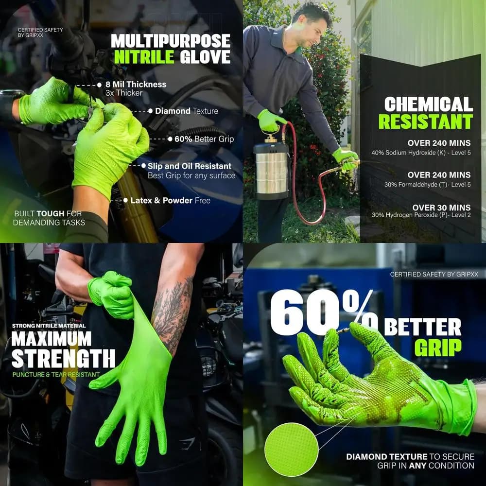 Guanti in Nitrile Verde Resistenti da 8 Mil con Texture a Diamante 3D - Senza Lattice e Senza Polvere per Uso Industriale e Meccanico | Confezione all'ingrosso