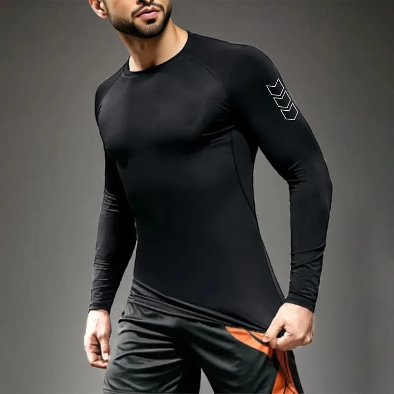 T-shirt a maniche lunghe da uomo ad asciugatura rapida, nera, per fitness, corsa, palestra, protezione solare, strato base sportivo