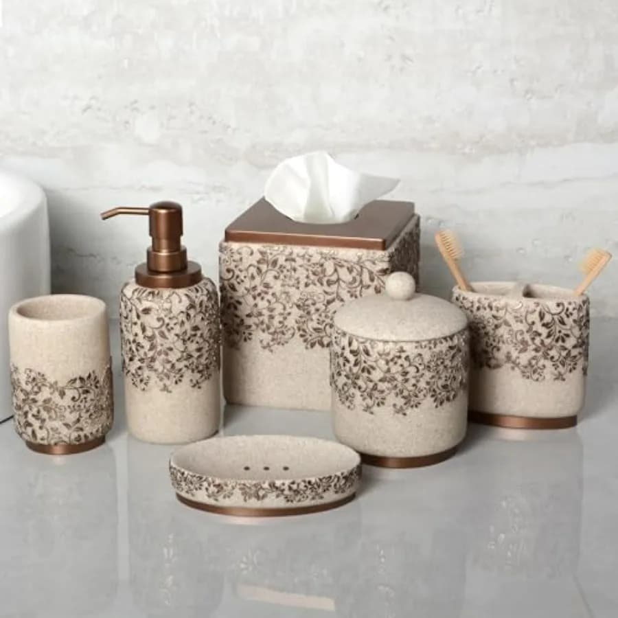 Decozen Set di accessori per il bagno 6 pezzi Dispenser di sapone Portaspazzolino Bicchiere Portasapone Tampone di cotone Barattolo Decorazione moderna per il bagno