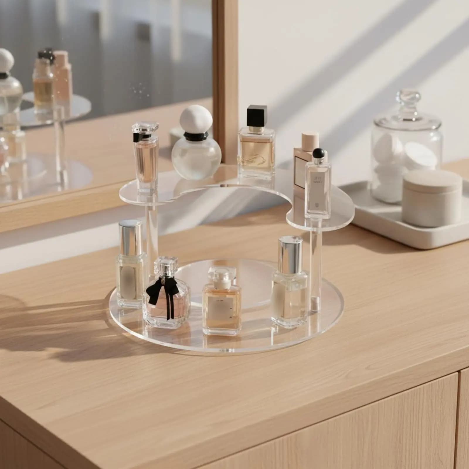 Transparent Perfume Display Rack Easy to Clean Acrylic Tiered Display Stand Cosmetic Organizer Shelf Space Saving for Bedroom