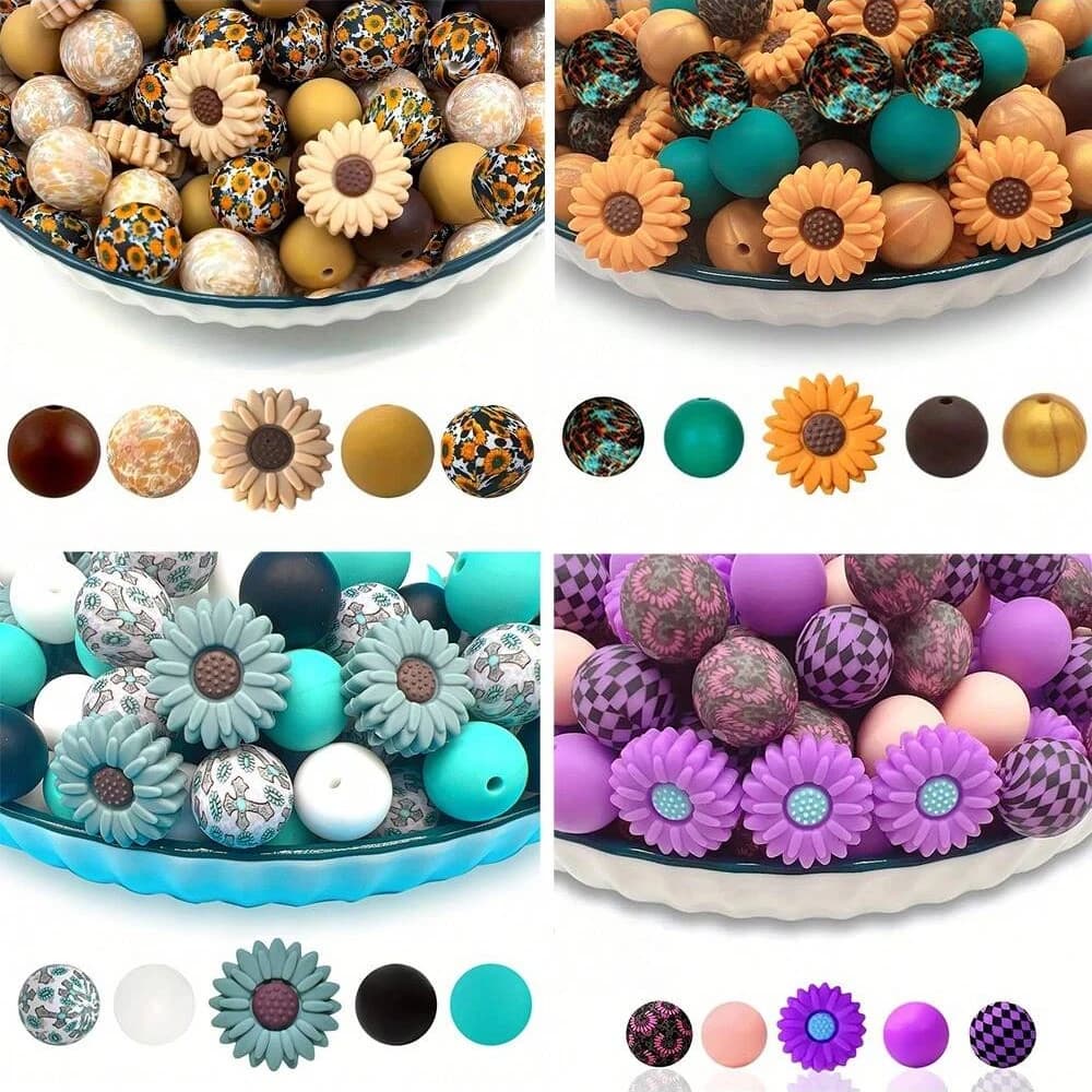 Set di 25 perline in silicone con stampa margherita e floreale, stile punk, adatto per portachiavi fai da te, bracciali, penne con perline