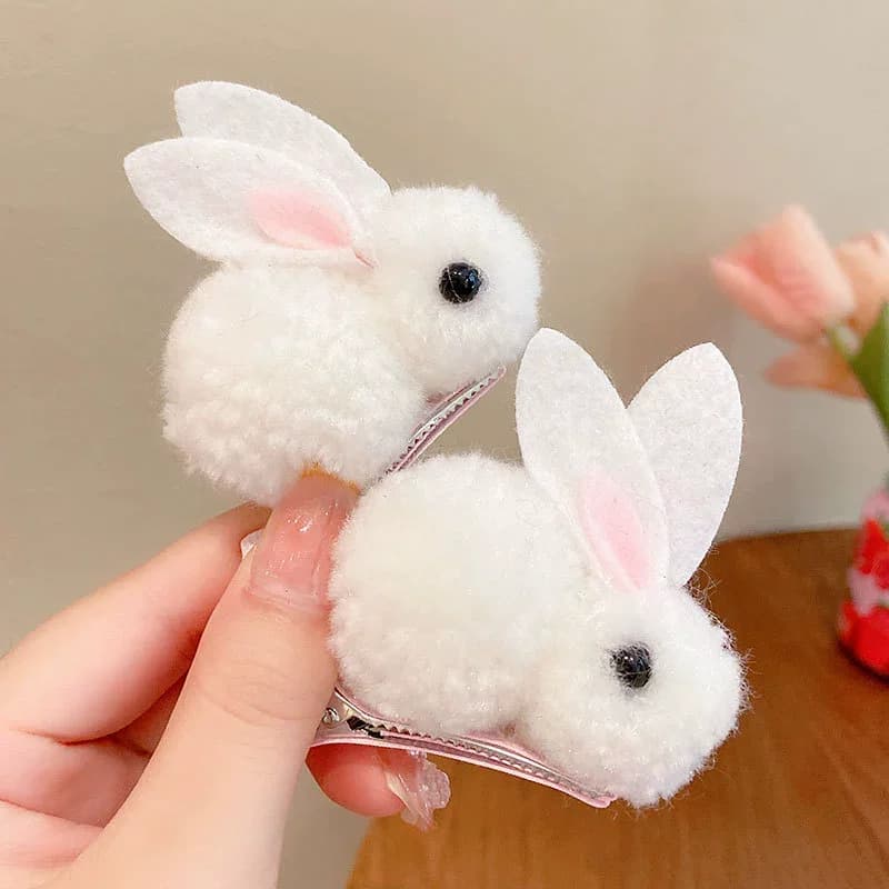 2Pcs 3D Plush Rabbit Hair Clips Non-Slip Duckbill Clips Kawaii Bunny Side Bangs Barrettes Toddler Hair Accessories