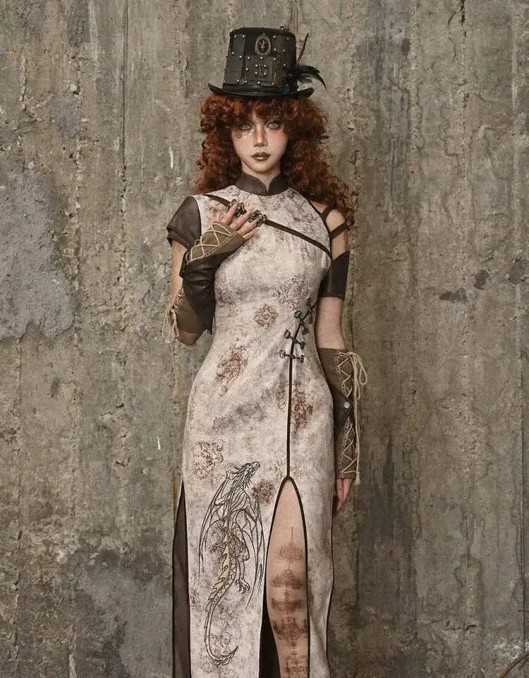 Steampunk Tie-Dye Dragon Embroidered Cheongsam Dress with Slit Hem for Halloween Cosplay Party