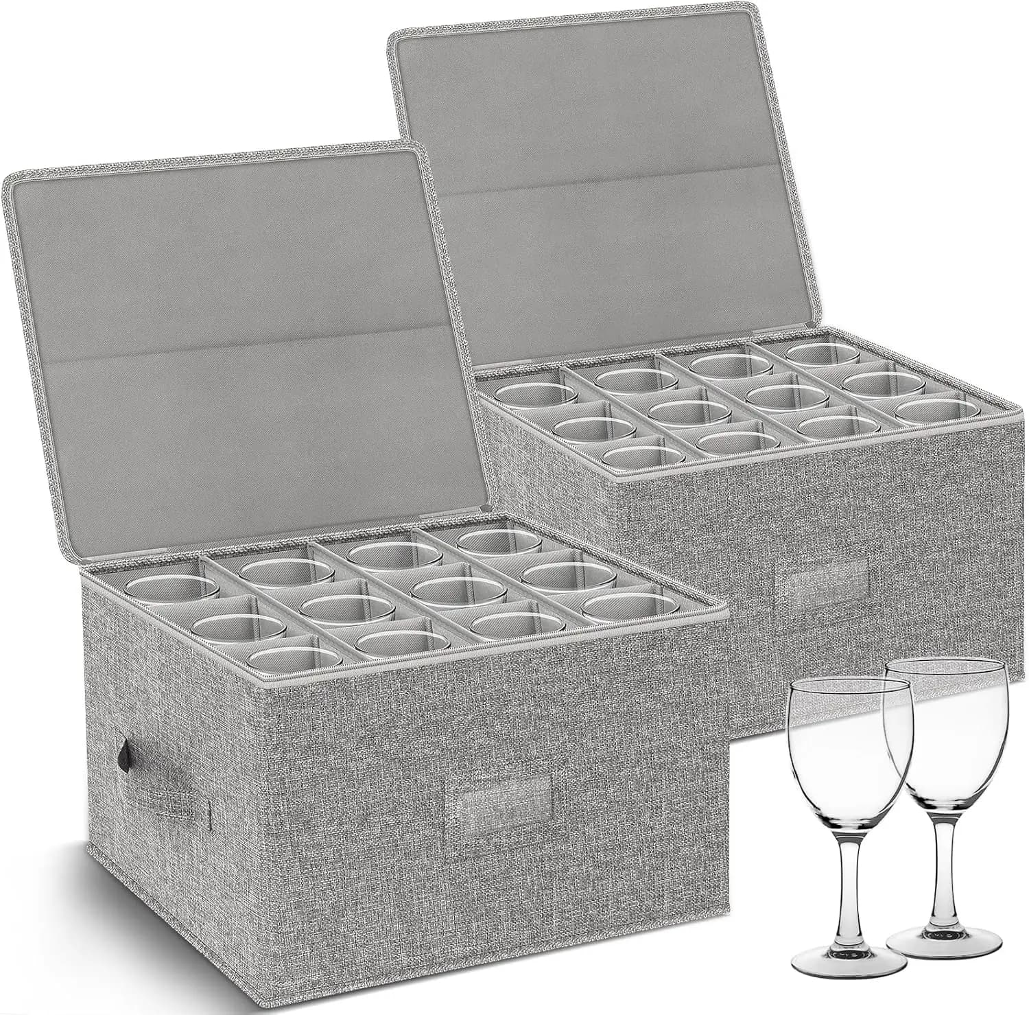 Confezione da 2 Scatole Impilabili per Bicchieri da Vino con Guscio Rigido, Contiene 24 Bicchieri, Grigio