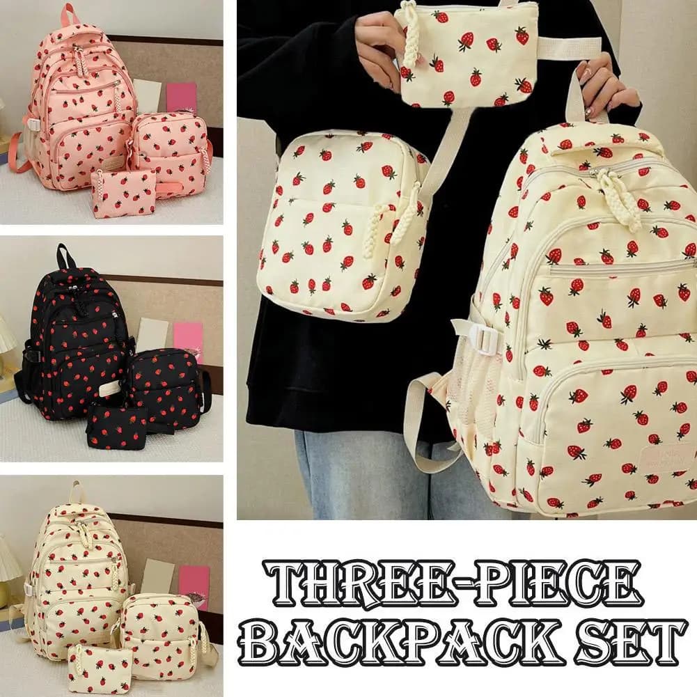 3Pcs/Set Oxford Cloth Cherry Backpack Preppy Style Adjustable Laptop Backpack with Lunch Bag & Pencil Case Large Capacity