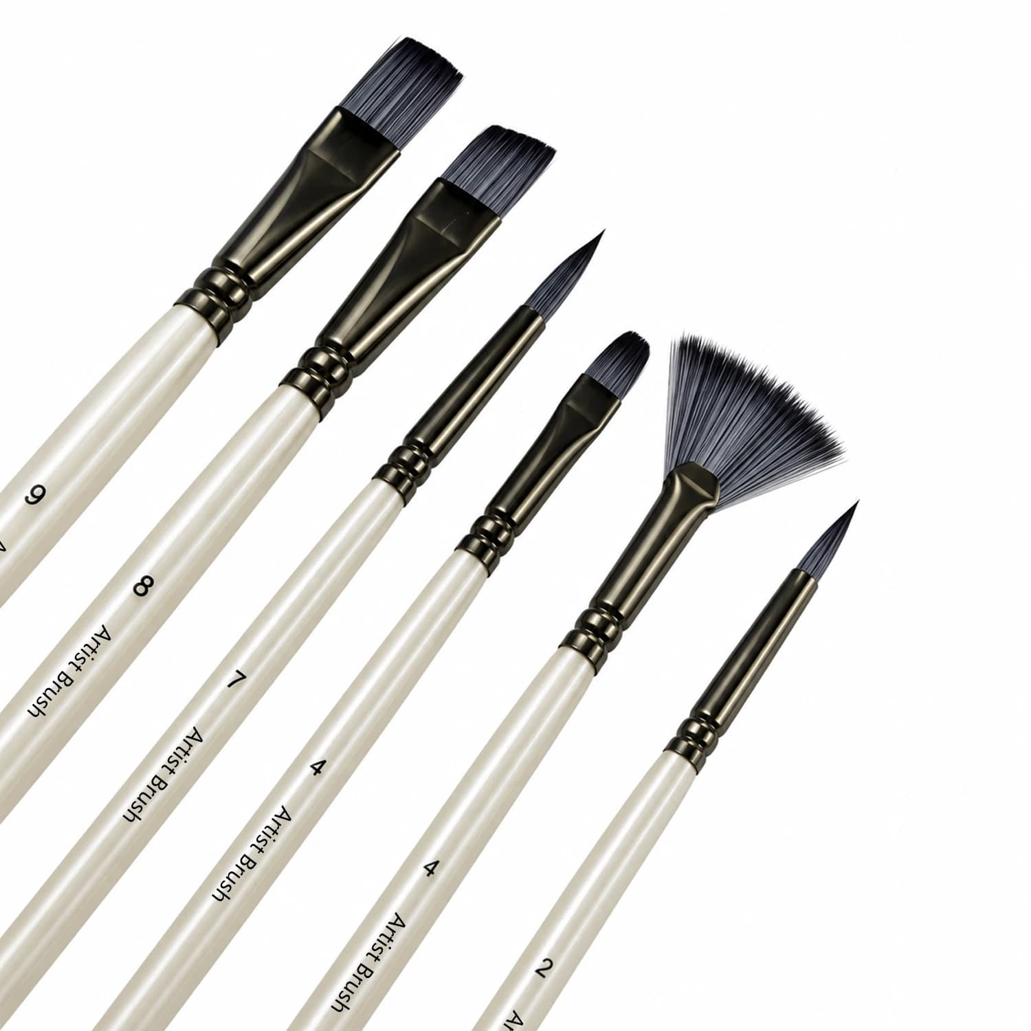 6PCS Artist Paint Brush Set Mixed Shapes White Handle Brushes for Watercolor Acrylic Gouache Oil Painting Art Craft Supplies