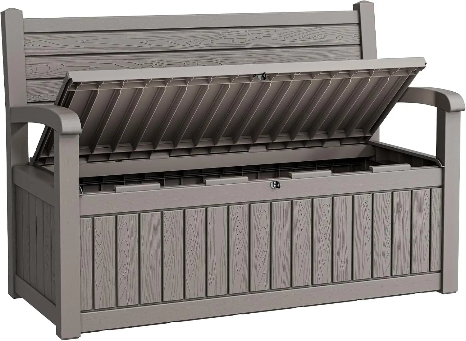 80 Gallon Lockable Deck Bench with Storage, Resin Stripes Outdoor Storage Box for Cushions Garden Tools and Pool Supplies Grey