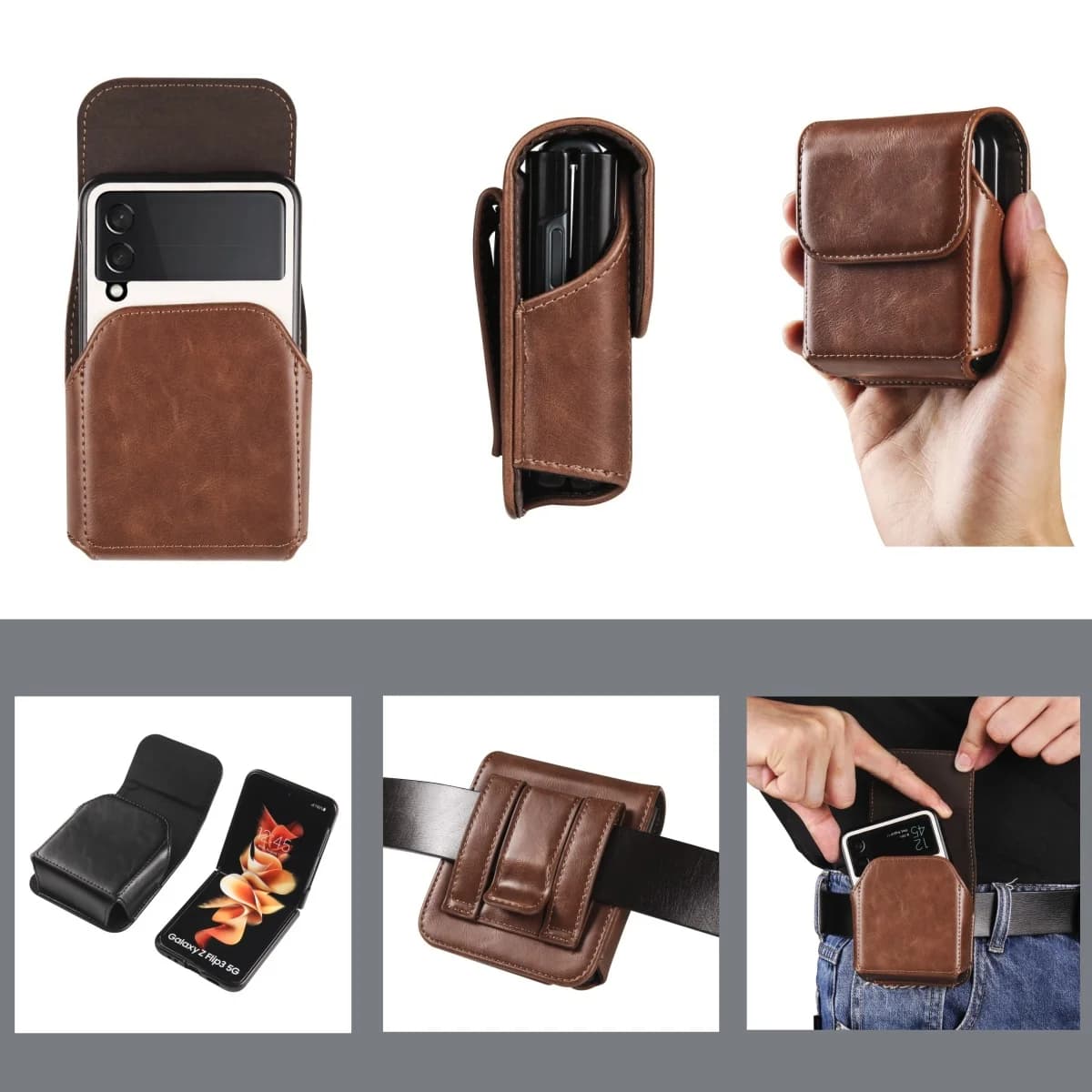 Custodia a marsupio in pelle con clip da cintura per Samsung Galaxy Z Flip 7 6 5 4 3 5G Flip7 Flip6, Moto Razr 60 50 40, Cover magnetica con clip da cintura