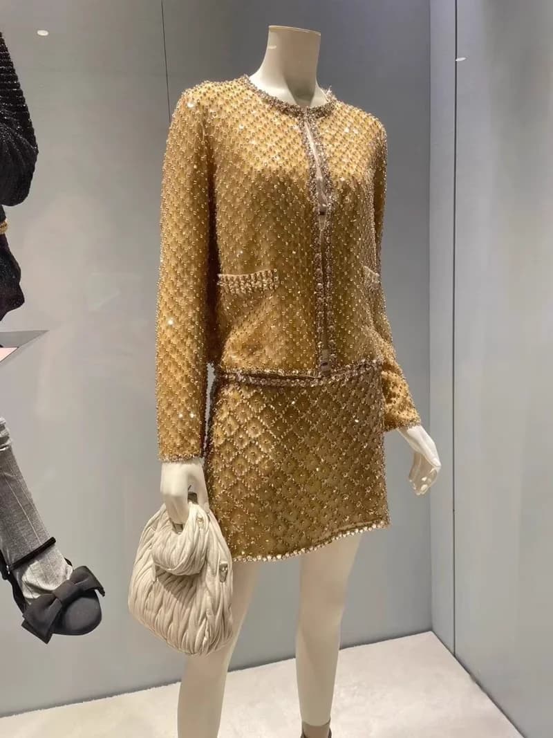 Luxury Spring Autumn Casual Women's Gold Coat Fashion Shinning Diamonds Pencil Skirt Set Elegant Ladies Silk Outfits