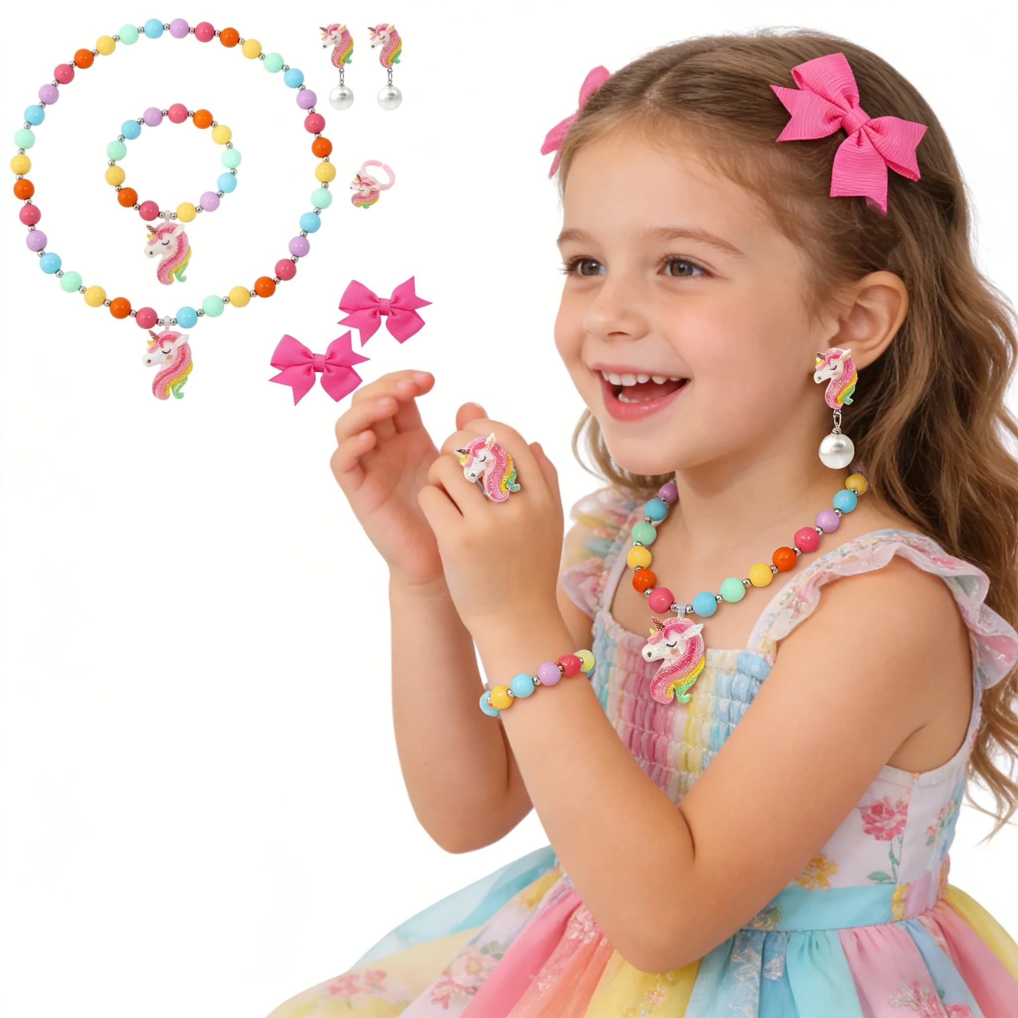 Set di Gioielli per Bambine a Tema Unicorno, 7 Pezzi Fatti a Mano: Collana Elastica, Braccialetto, Orecchini, Anelli, Fermagli per Capelli a Fiocco, Regalo di Compleanno per Ragazze