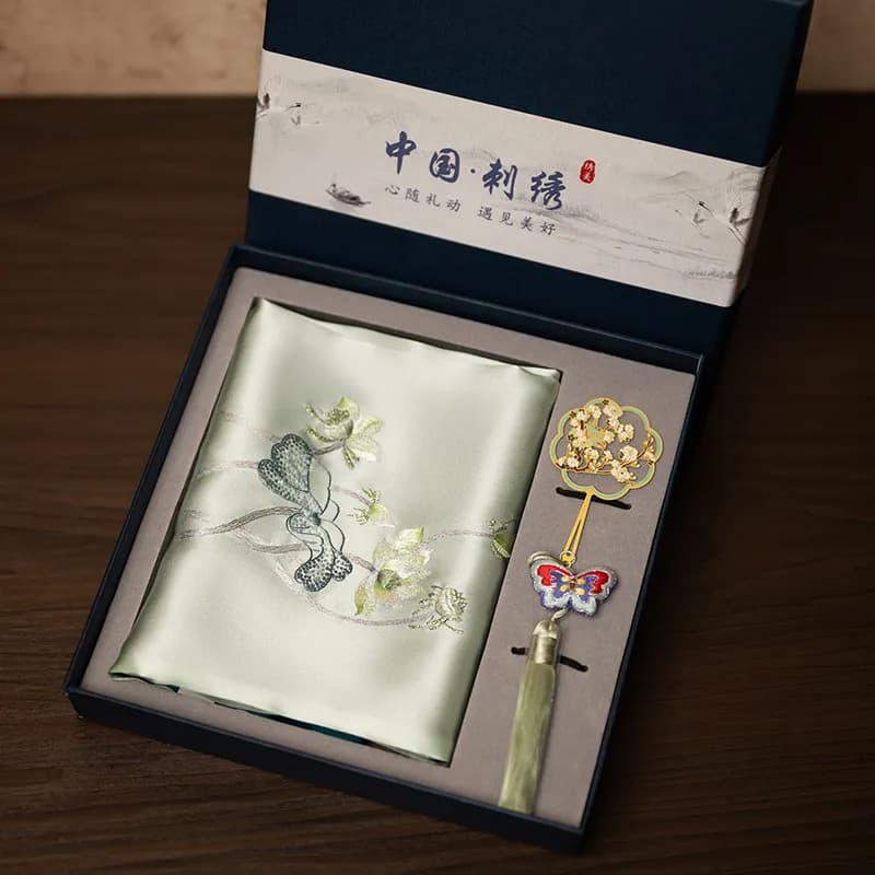 Suzhou Embroidery Scarf and Bookmark Gift Box Set, Silk Embroidered Scarf, Cultural and Creative Gift, Souvenir Present