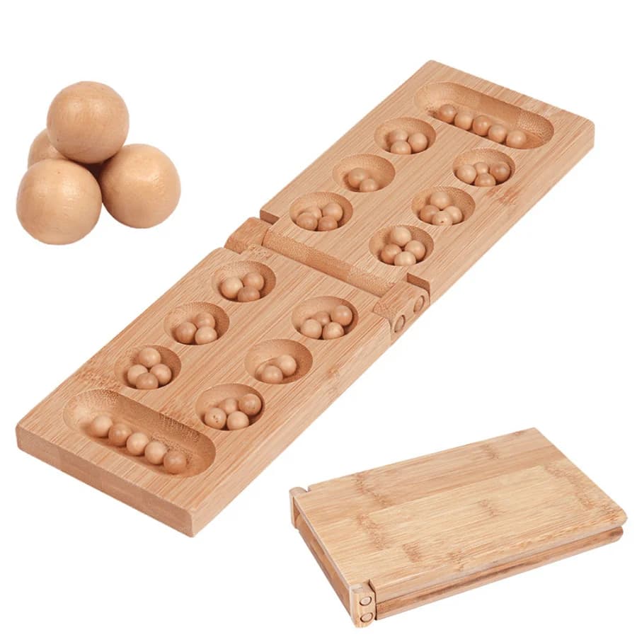 Deluxe Bamboo Kalaha Chess Strategy Board Game Set with Wood Stones | Portable Folding Travel Board, Family Party Game