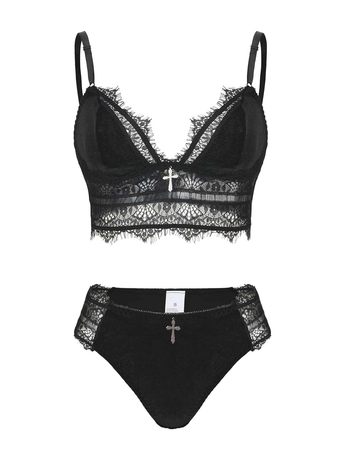 Set di lingerie in pizzo nero da donna, stile gotico scuro, con ciondolo a croce, reggiseno e slip, per adulti.