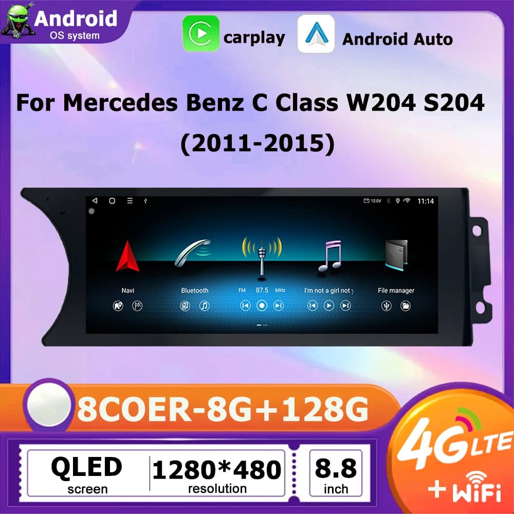 Lettore multimediale per auto Carplay Android 16 da 8,8 pollici per Mercedes Benz Classe C 2011-2015 W204 S204 Sistema di veicoli intelligenti 4G BT