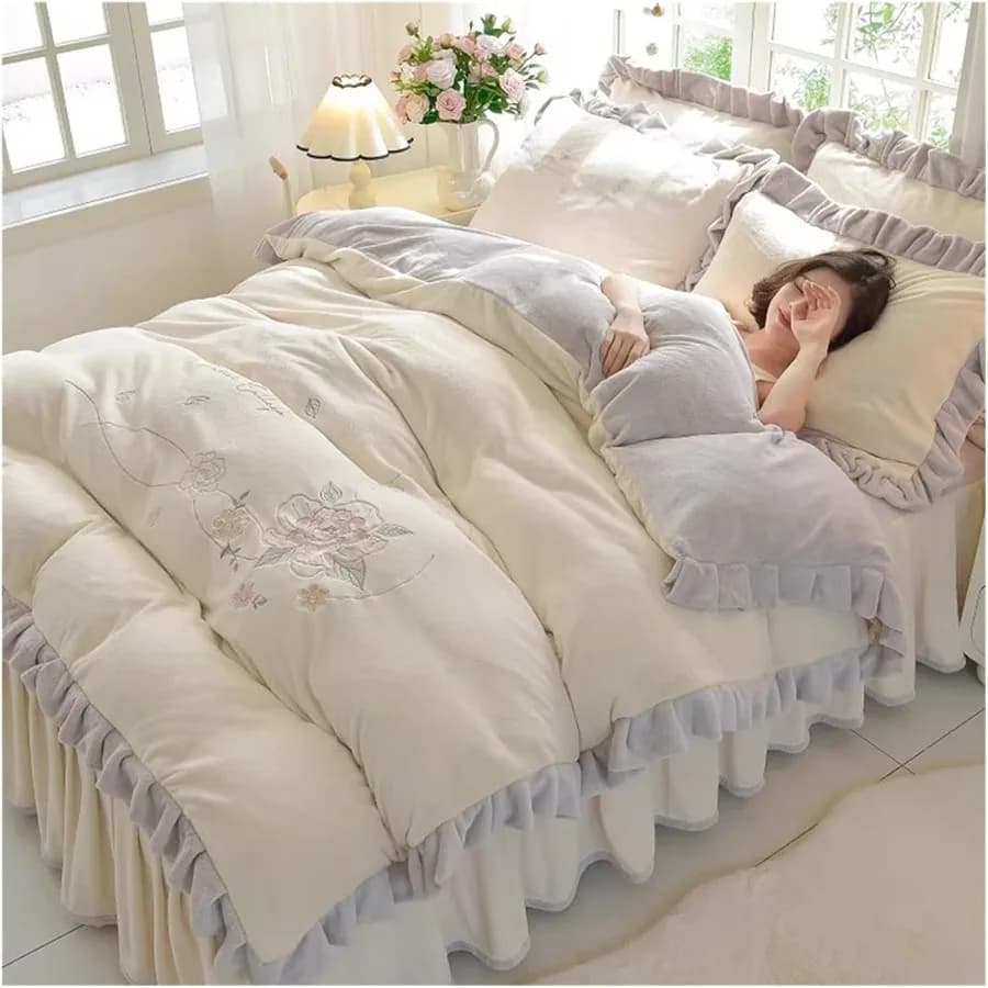 Set copripiumino super morbido grigio scuro caldo e accogliente con set biancheria da letto invernale antistatico in 4 pezzi color crema per letto da 2 m