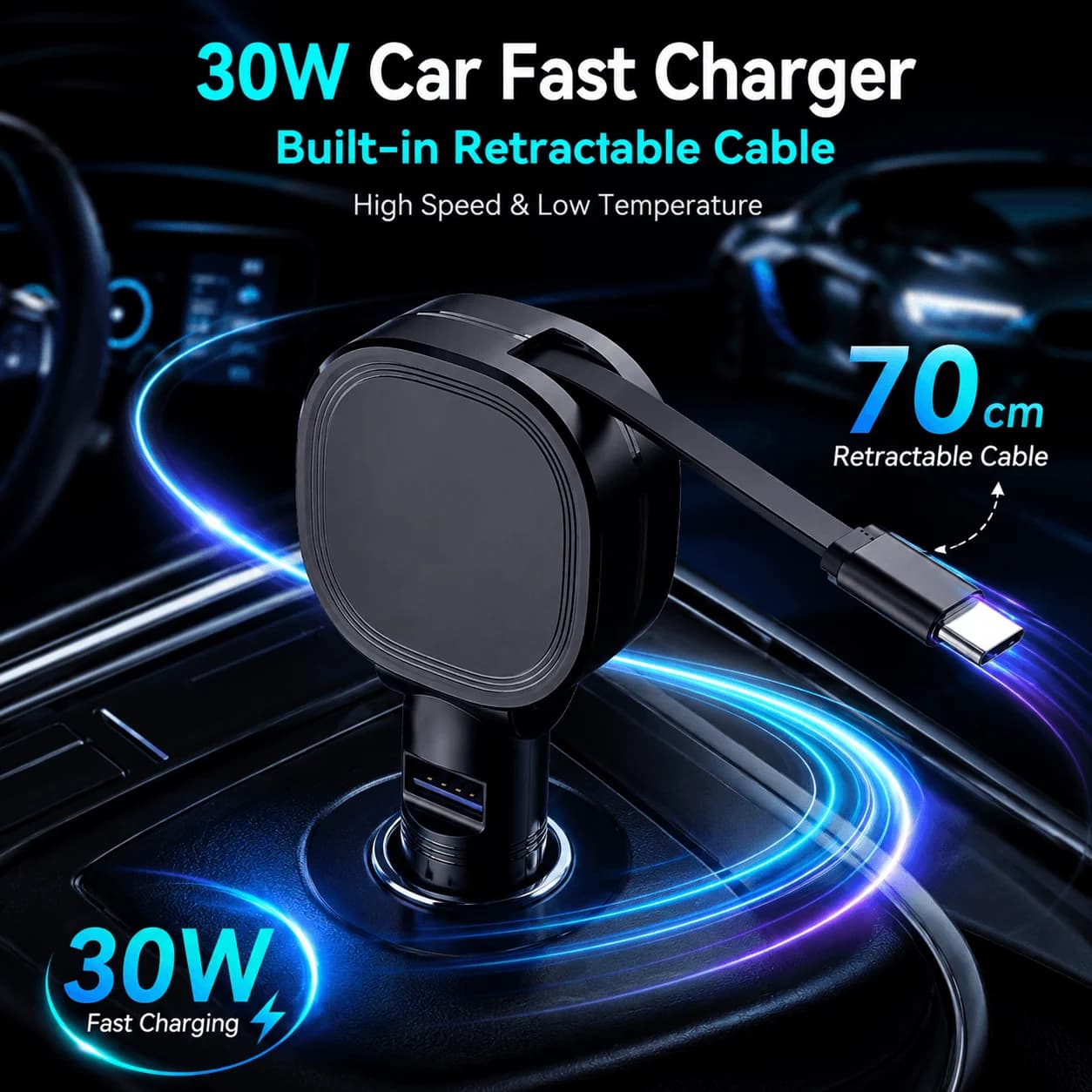 30W Retractable Car Charger Built in Lightning/Type-C Cable USB A Port Dual Fast Charging Adapter 70cm Cable for Car Travel