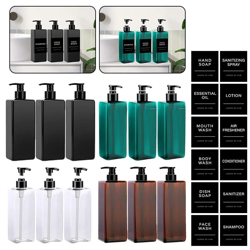 3x 500ml Dispenser di sapone quadrato 12 etichette adesive Bottiglia riutilizzabile Contenitore vuoto per bagno Lozione liquida Shampoo Gel doccia