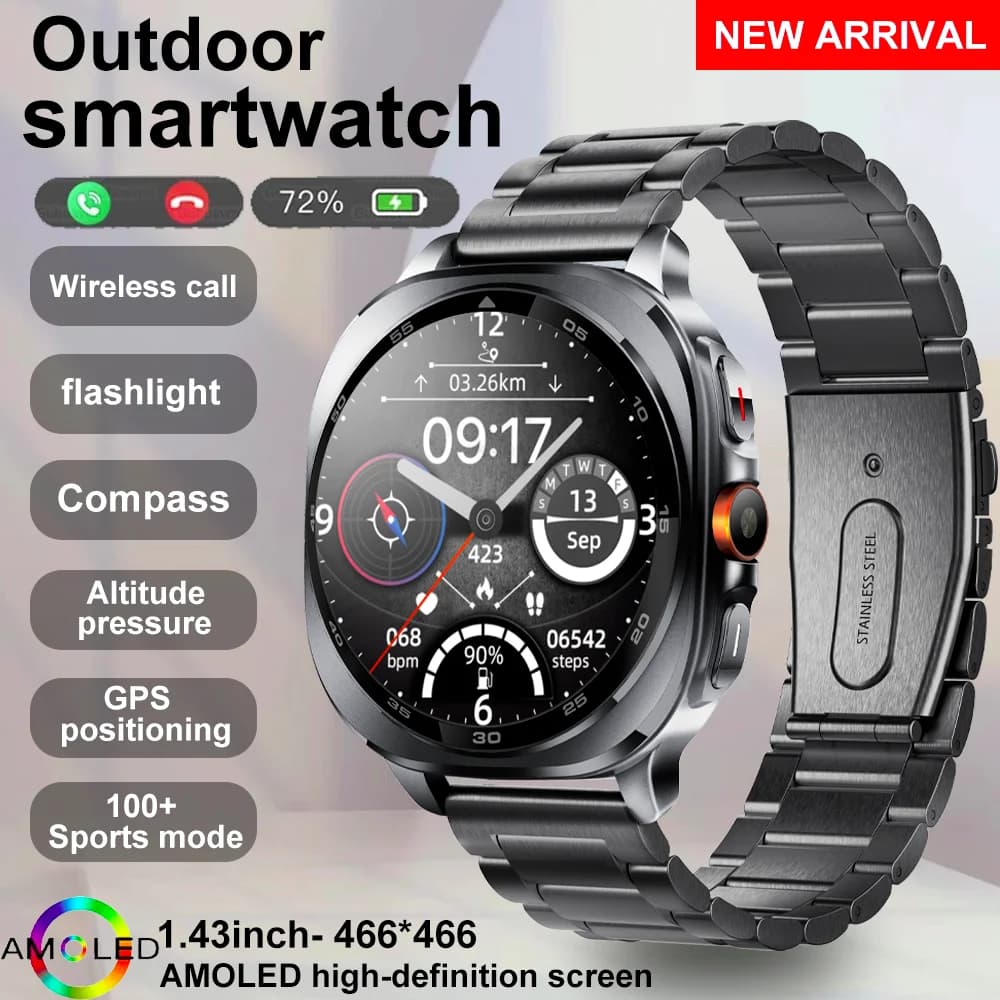 2026 new outdoor sports smartwatch, GPS, compass, LED flashlight, 1.43-inch AMOLED retina display, barometer, altitude